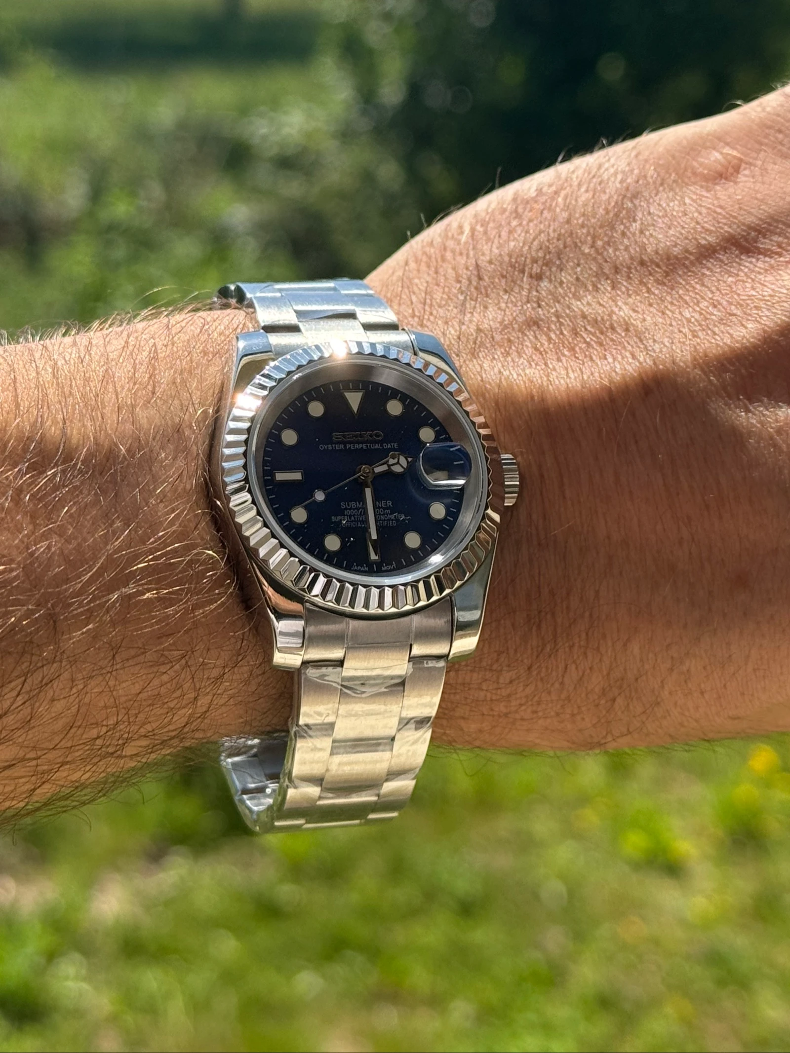 SeikoMod Mod NH35 Automático 39 mm – Esfera Soleillé Azul – Cristal de Zafiro – Brazalete Oyster – Fondo Transparente – Nueva – photo 6